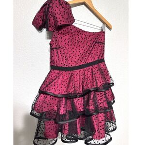 Pearl Georgina Chapman Pink Polka Dot 80's Style One Shoulder Ruffle Dress 12